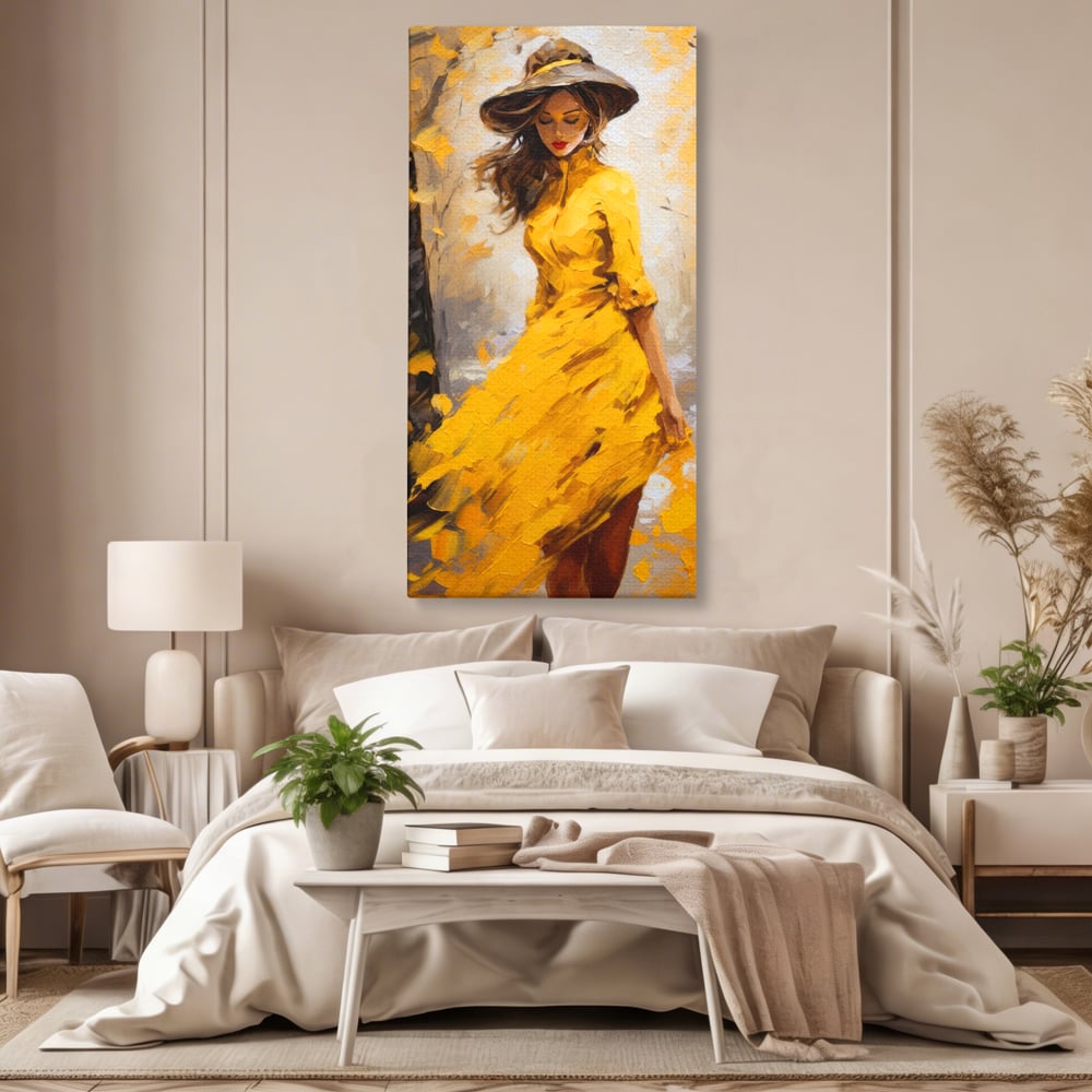 Tablou canvas cu tablou canvas cu femeie in galben, fara rama, pe sasiu de lemn, pe perete intr-un dormitor